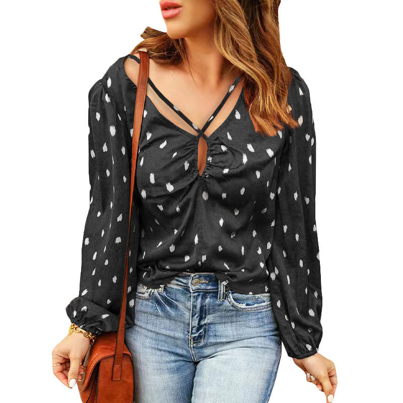 Women's Blouse with Decorative Neckline and Long Sleeves