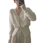 Women's Fluffy Cardigan with V-Neck and Decorative Buttons