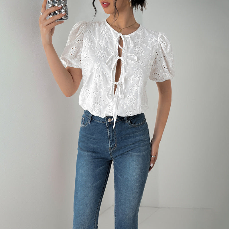 Women's Blouse with Ruffles and Lace-Up Detail