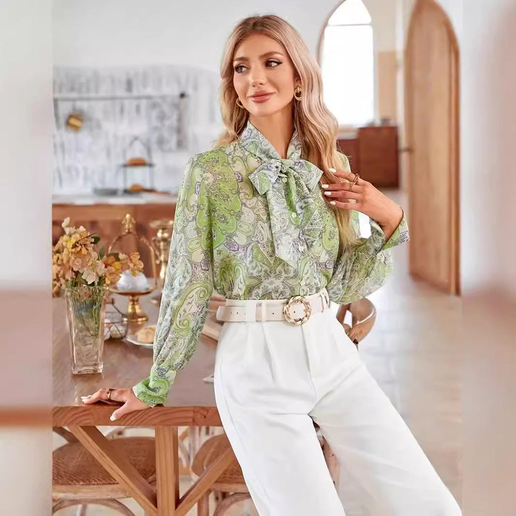 Women's Blouse with Tie Neck and Floral Pattern