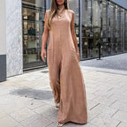 Women's Airy Maxi Jumpsuit with Decorative Pleats and Side Pockets
