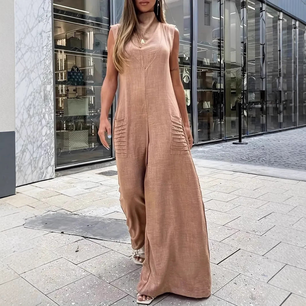 Women's Airy Maxi Jumpsuit with Decorative Pleats and Side Pockets