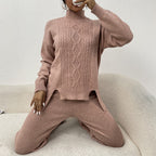 Women's Elegant Knit Suit with High Collar and Colorful Pattern