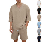 Unisex Casual Lounge Set with V-Neck Top and Drawstring Shorts