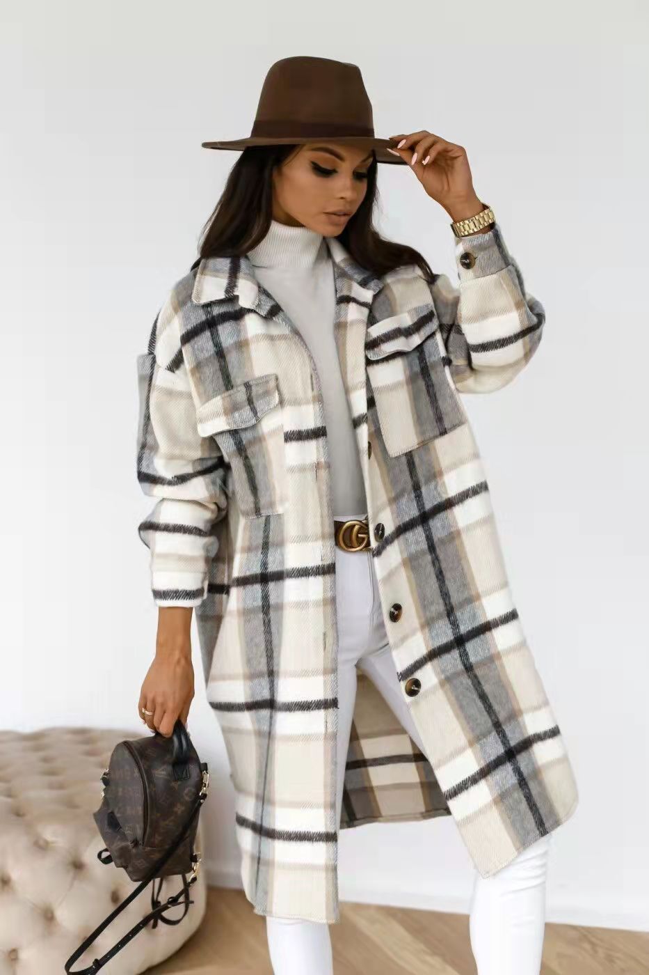 Women's Plaid Oversized Shirt Coat with Pockets