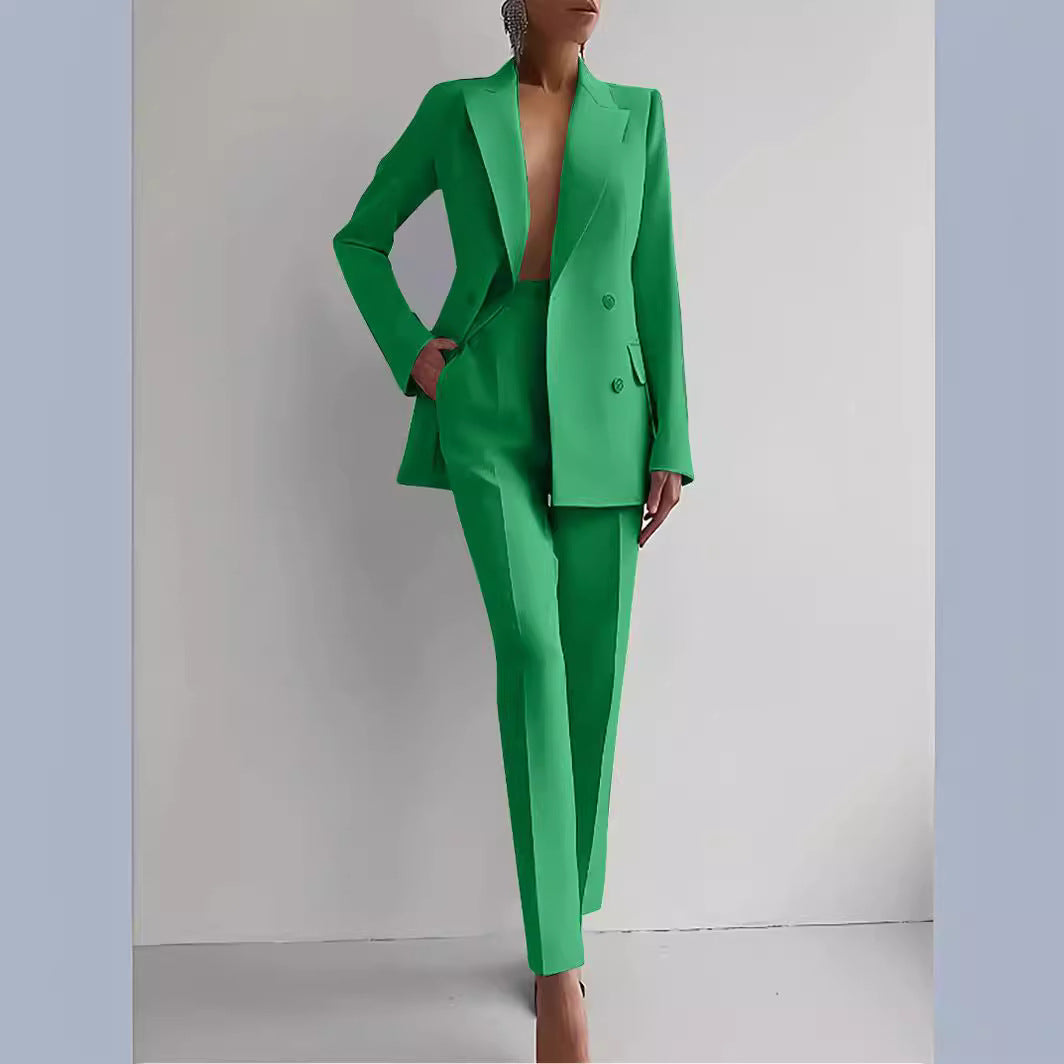Women's Elegant Double-Breasted Blazer and Tailored Trousers
