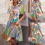 Women's Sleeveless Dress with Geometric Pattern and Tie Belt