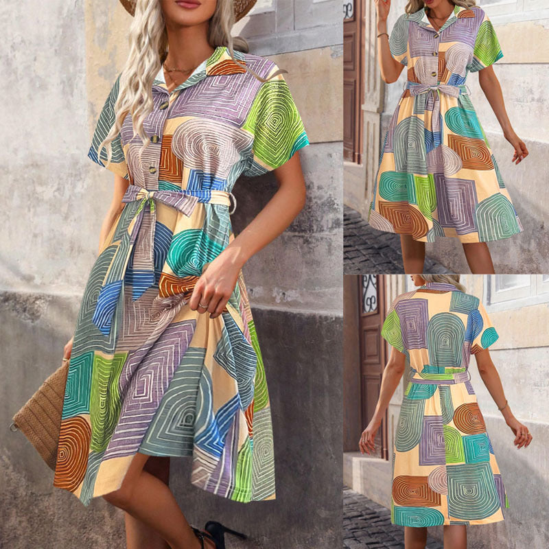 Women's Sleeveless Dress with Geometric Pattern and Tie Belt