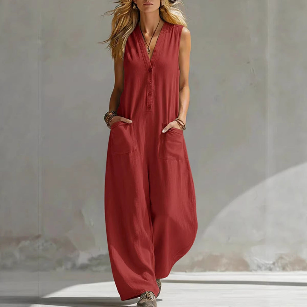 Women's Jumpsuit with Deep V-Neck and Pockets