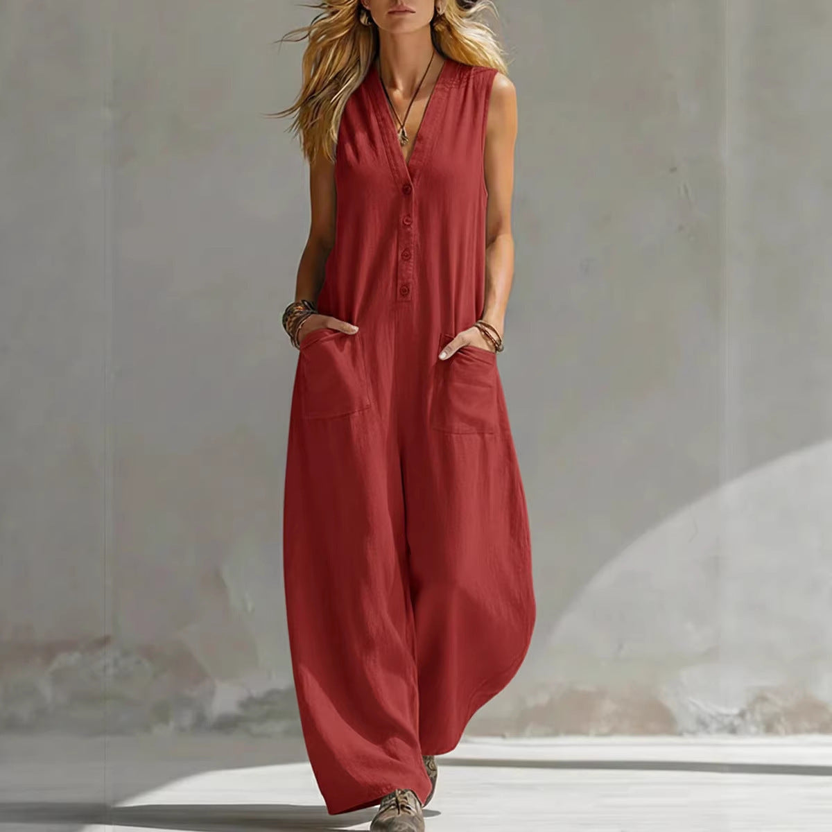 Women's Jumpsuit with Deep V-Neck and Pockets