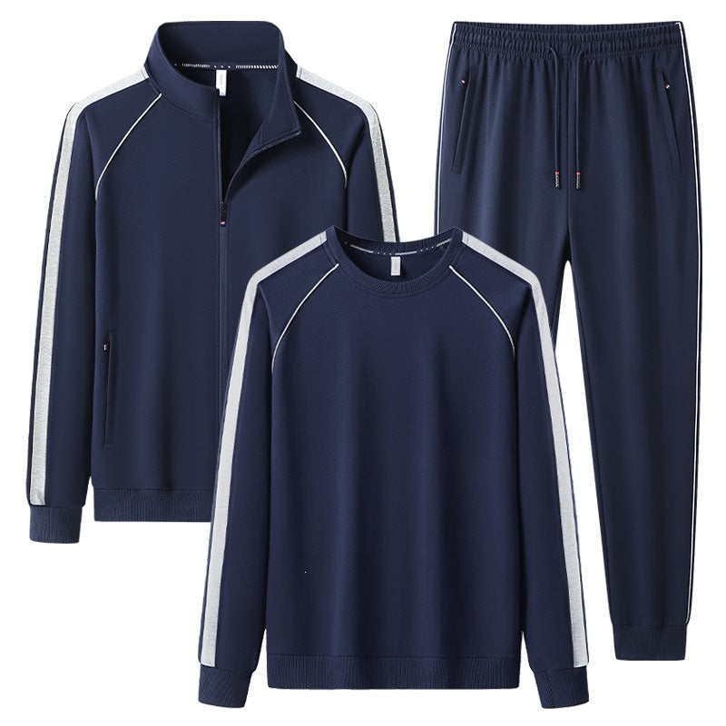 Men's two-piece training set with stand-up collar zip jacket, round neck sweatshirt, and tapered jogging pants