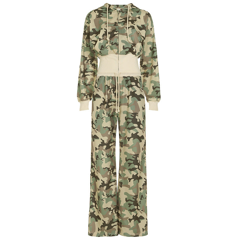 Unformal Contrast Color Overall Hoodie Long Sleeve Sweatshirt Pants Two Piece Camouflage Cardigan Pants Set