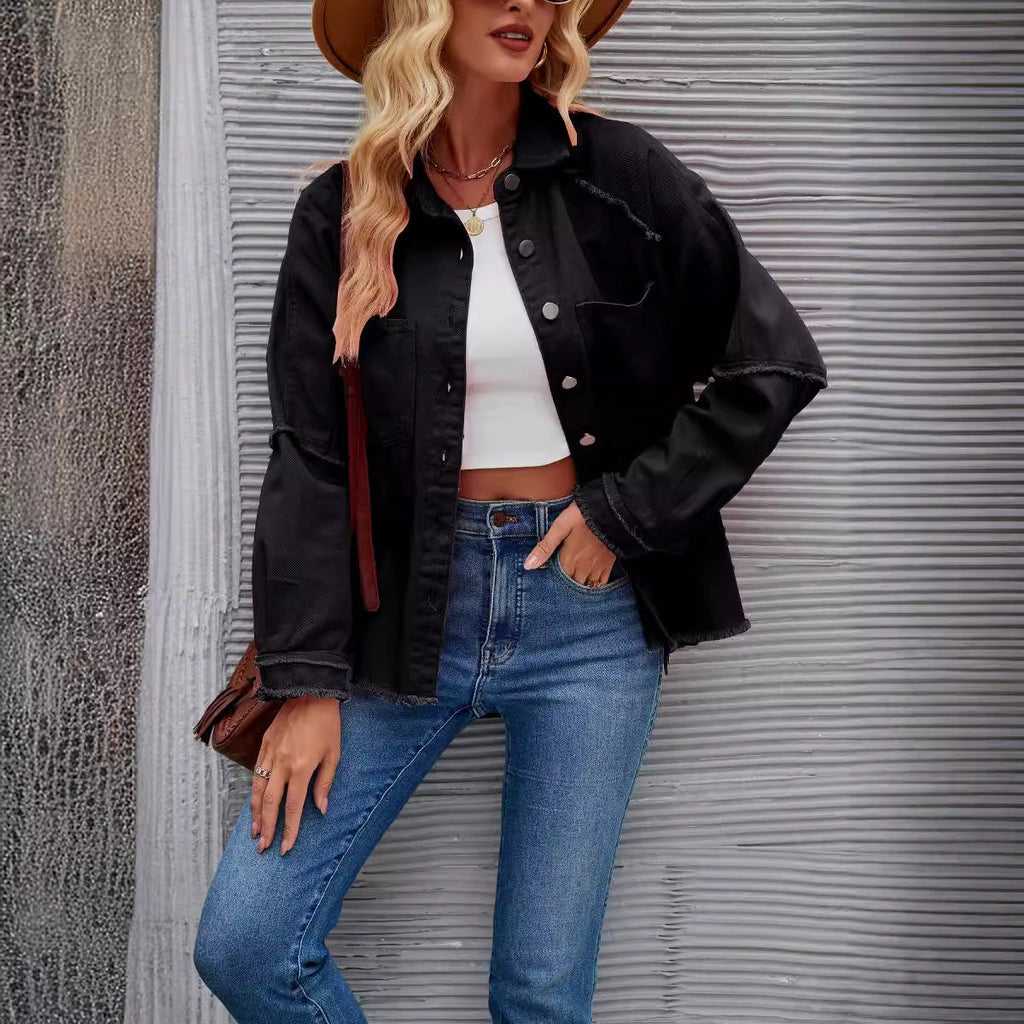 Women's Denim Jacket with Relaxed Fit and Frayed Details