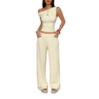 Women's Fashionable Two-Piece Set with Off-Shoulder Top and Wide-Leg Trousers