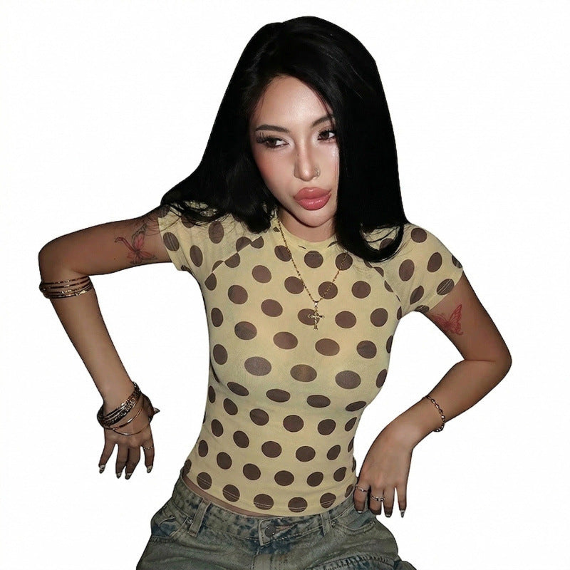 Women's Fitted Short-Sleeve Shirt with Modern Polka Dot Design