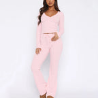 Ribbed Loungewear Set with Button Placket