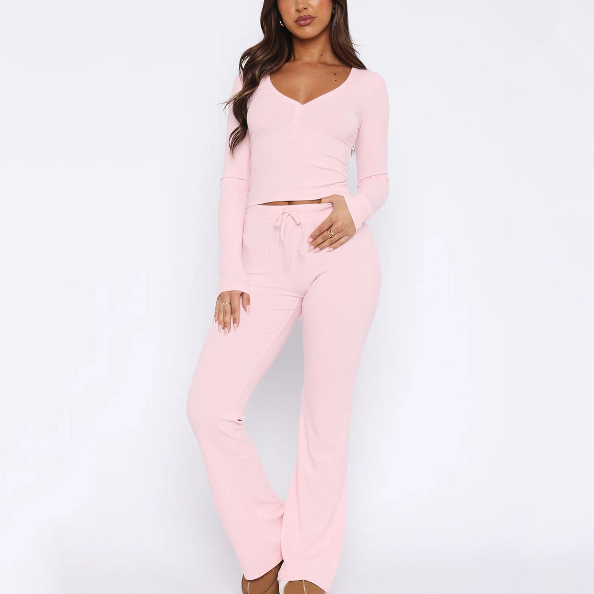 Women's Cozy Lounge Set with Long Top and Flared Pants