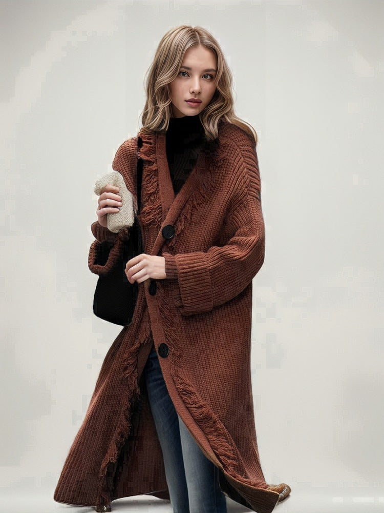 Women's Casual Knit Coat with Fringed Edges and Spacious Pockets