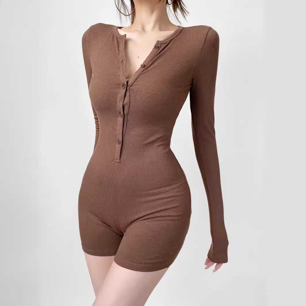 Women's Long-Sleeve Jumpsuit with Button Closure