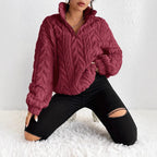 Women's Fluffy Oversized Zip-Up Pullover with Ribbed Texture