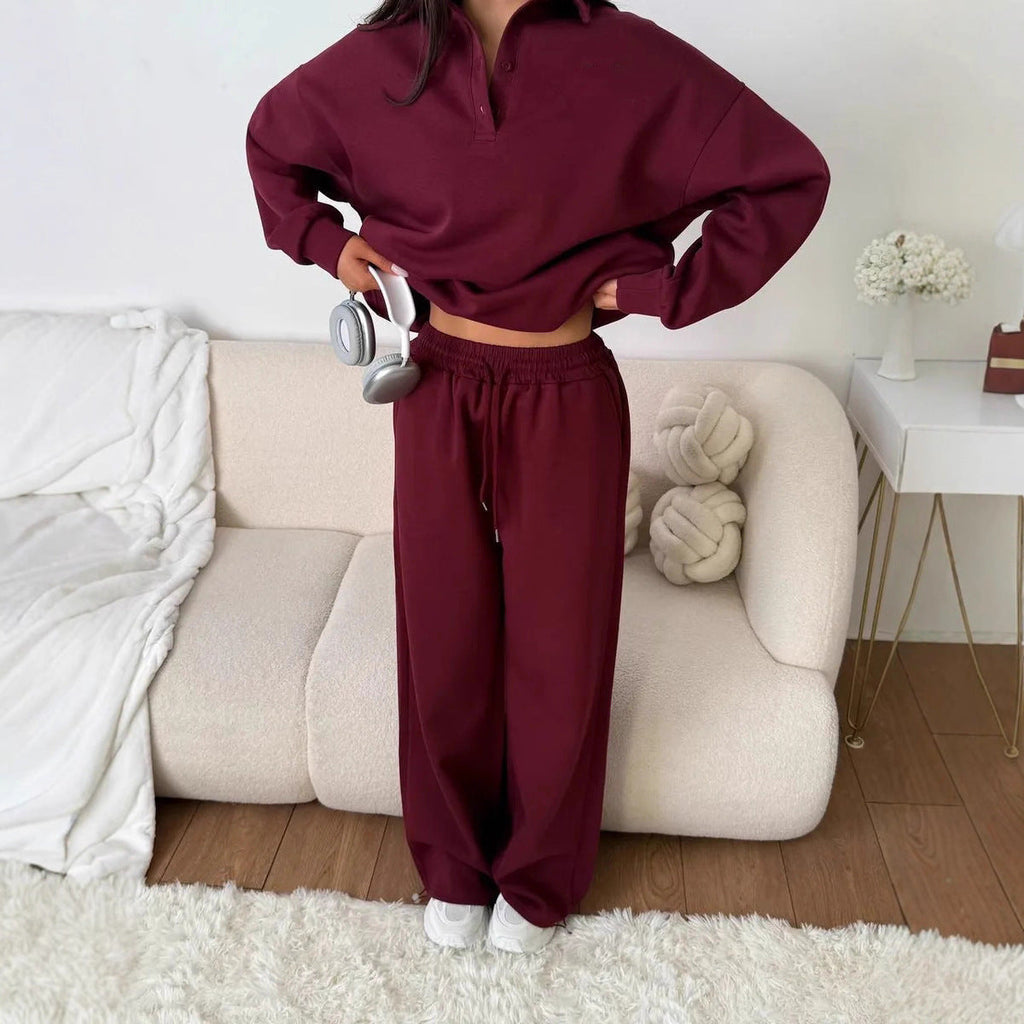 Women's wide Polo lounge set with elastic drawstring waistband and wide-leg jogging pants