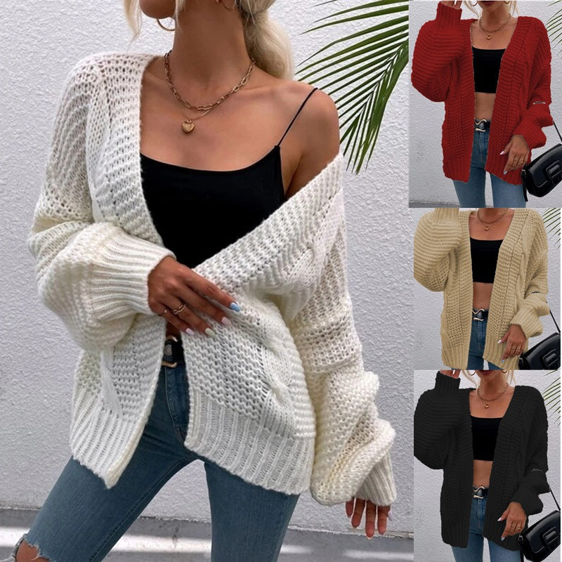 Women's Patterned Cardigan in Casual Oversized Design with Deep Pockets and Wave Texture