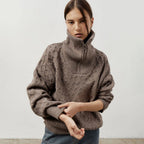 Women's Patterned Knit Sweater with High Collar and Half-Zip