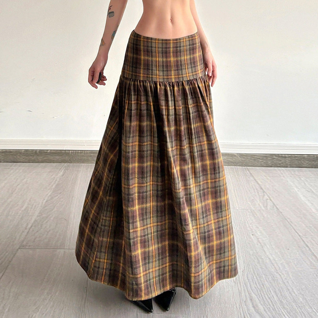 Women's Plaid Midi Skirt with High Waist and Voluminous Cut