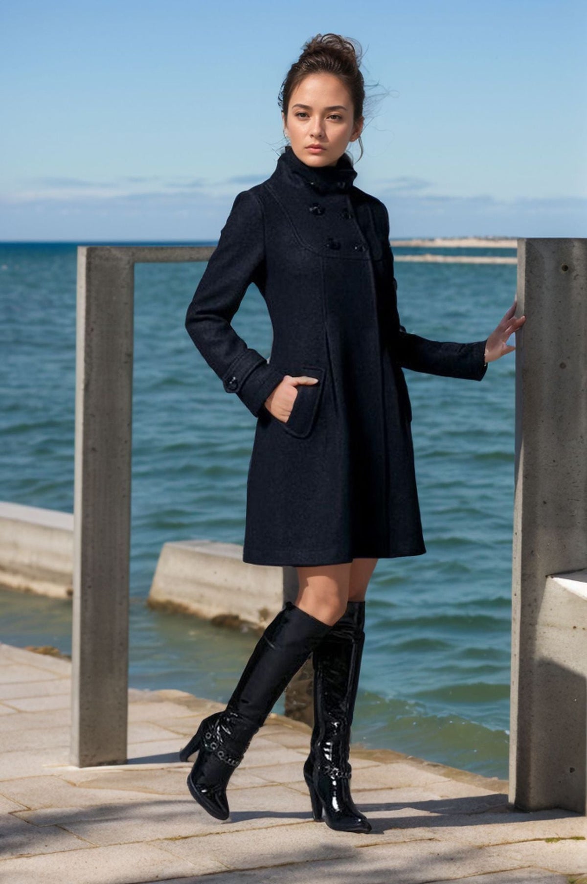 Elegant Wool Coat with Modern Collar and Pockets