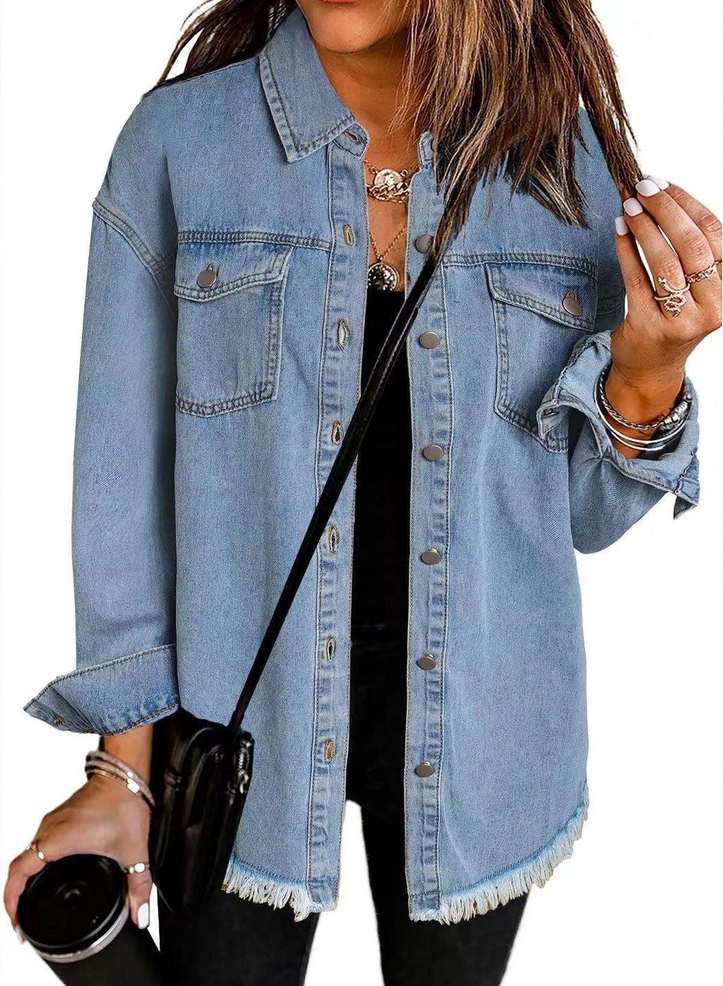 Casual Denim Shirt with Frayed Hems and Chest Pockets