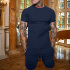 Men's slim Jersey set with round neck shirt and elastic drawstring shorts