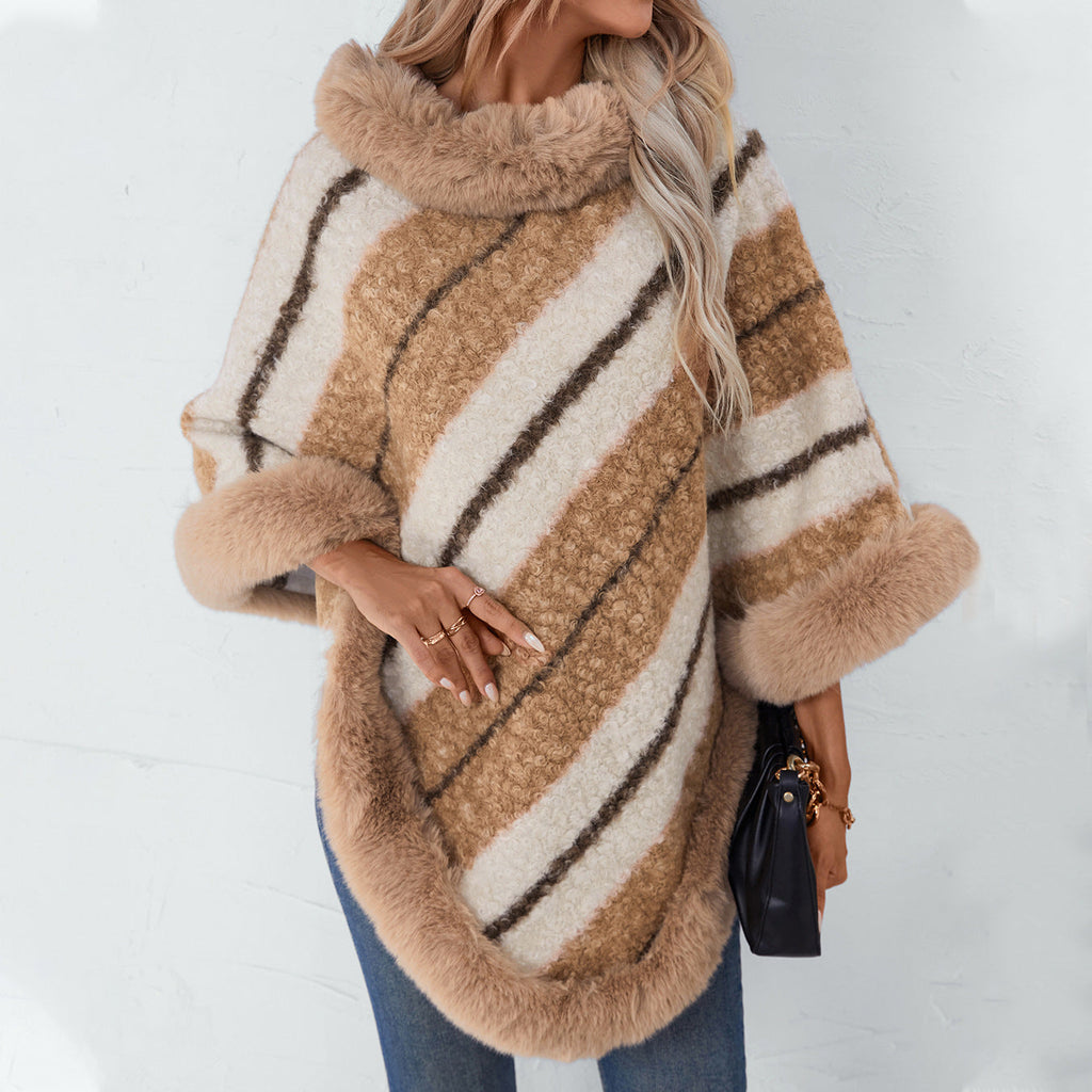 Women's Elegant Poncho with Luxurious Fur Trim
