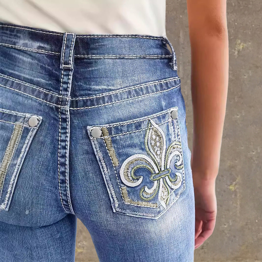Women's Vintage-Style Flared Jeans with Embroidery