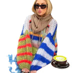 Women's Chunky Knit Sweater with Colorful Cable Pattern and Wide Cut