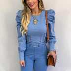 Women's Denim Jumpsuit with Puff Sleeves and Belt