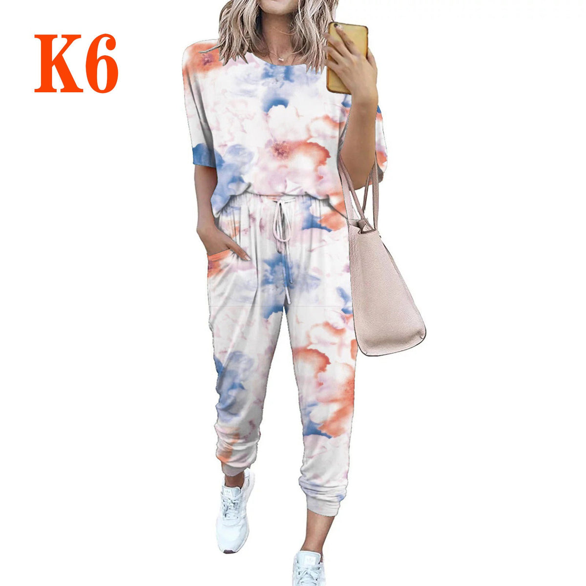 Women's Lightweight Casual Jumpsuit with Tie-Dye Pattern and Pockets