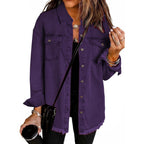 Casual Denim Shirt with Frayed Hems and Chest Pockets