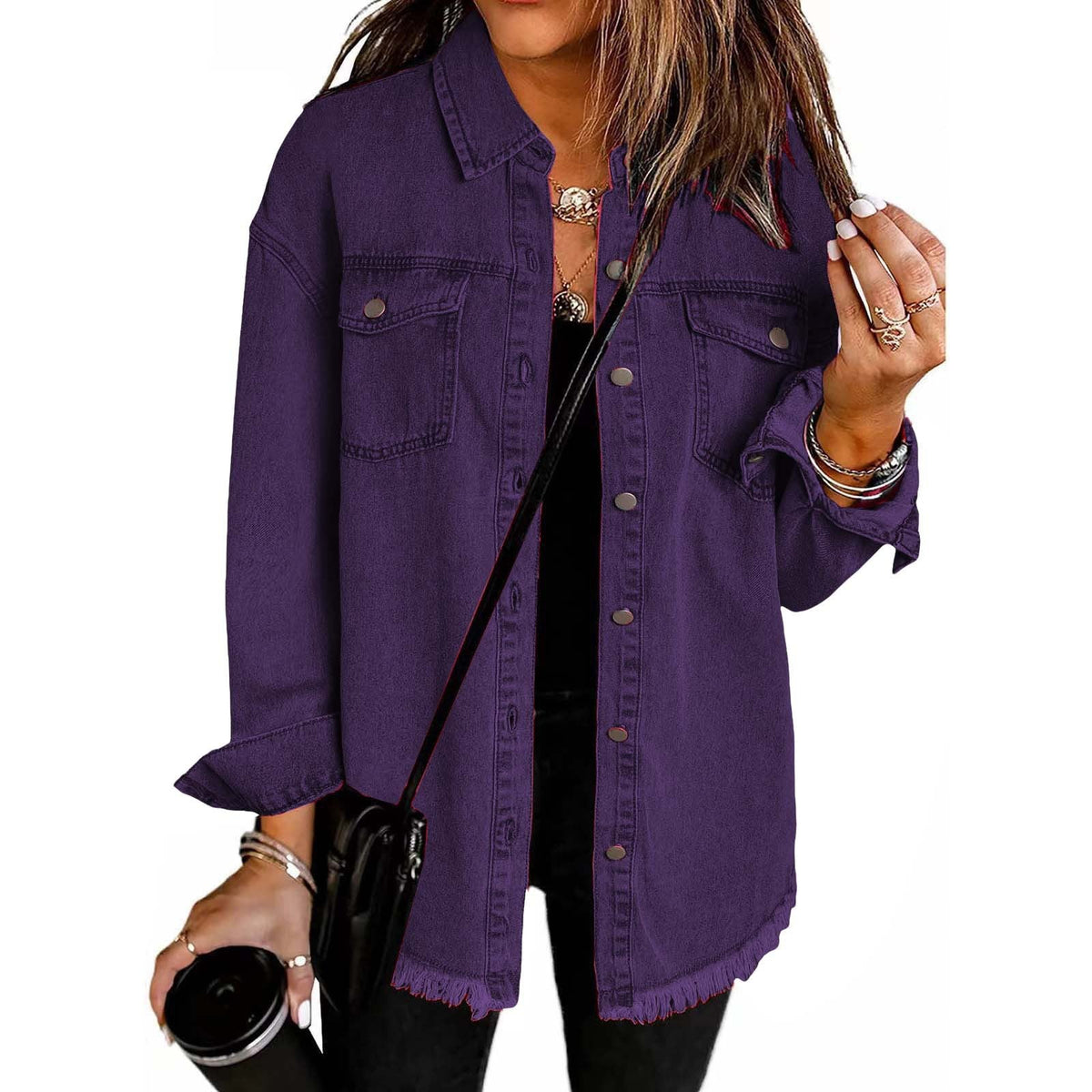 Casual Denim Shirt with Frayed Hems and Chest Pockets