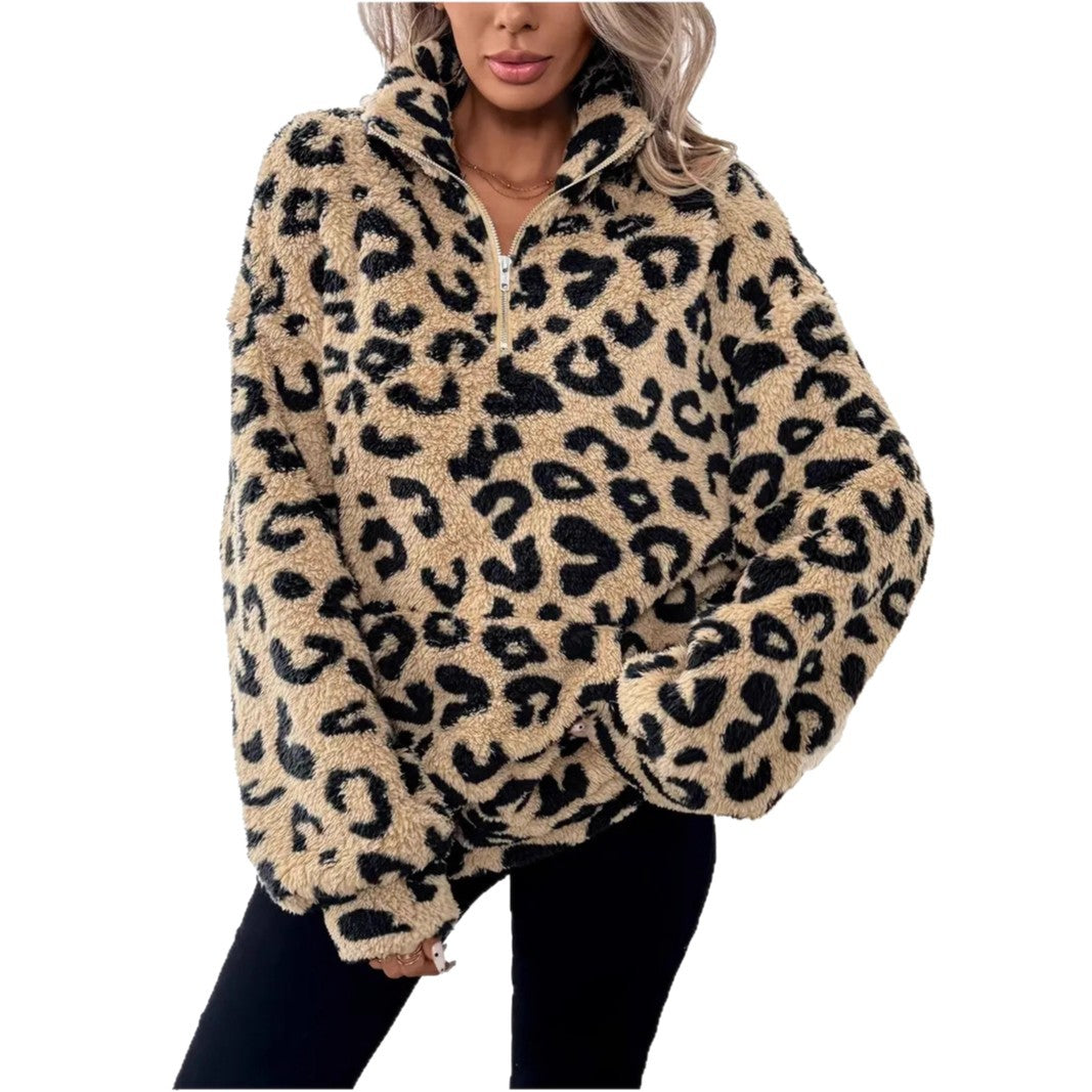 Women's Fleece Pullover with Leopard Print