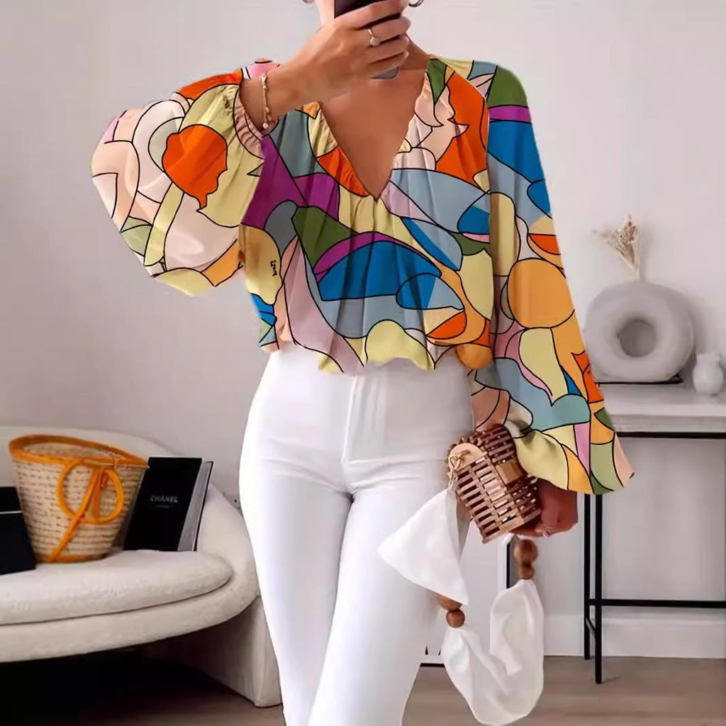 Blouse with V-Neck and Fashionable Graphic Design
