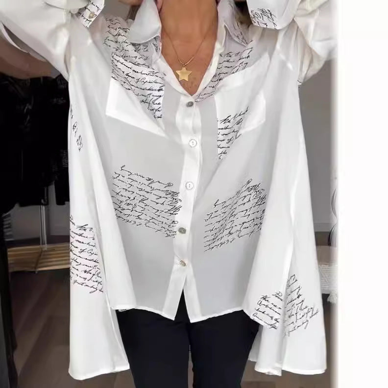 Women's Blouse with Modern Script Design and Loose Fit