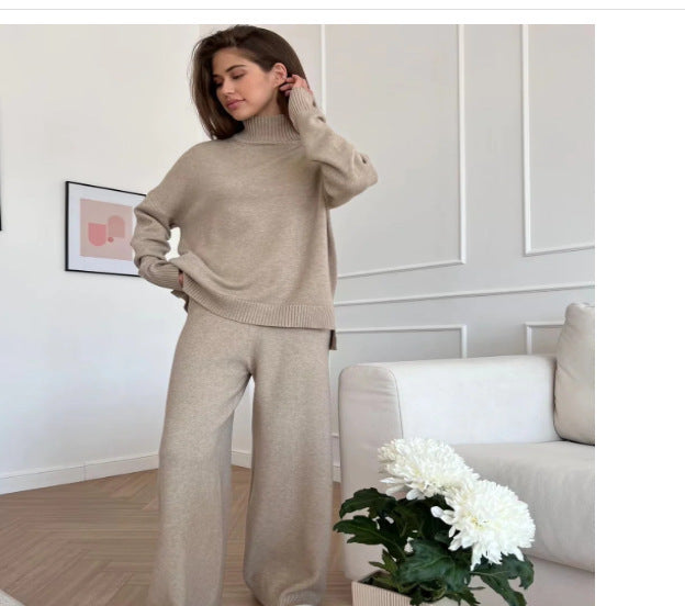 Casual Knit Set with High Collar and Wide Leg