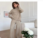 Casual Knit Set with High Collar and Wide Leg
