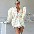Elegant Floral Blazer Jacket with Waist Belt