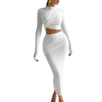 Women's Elegant Wrap Top and Maxi Skirt Set with Long Sleeves