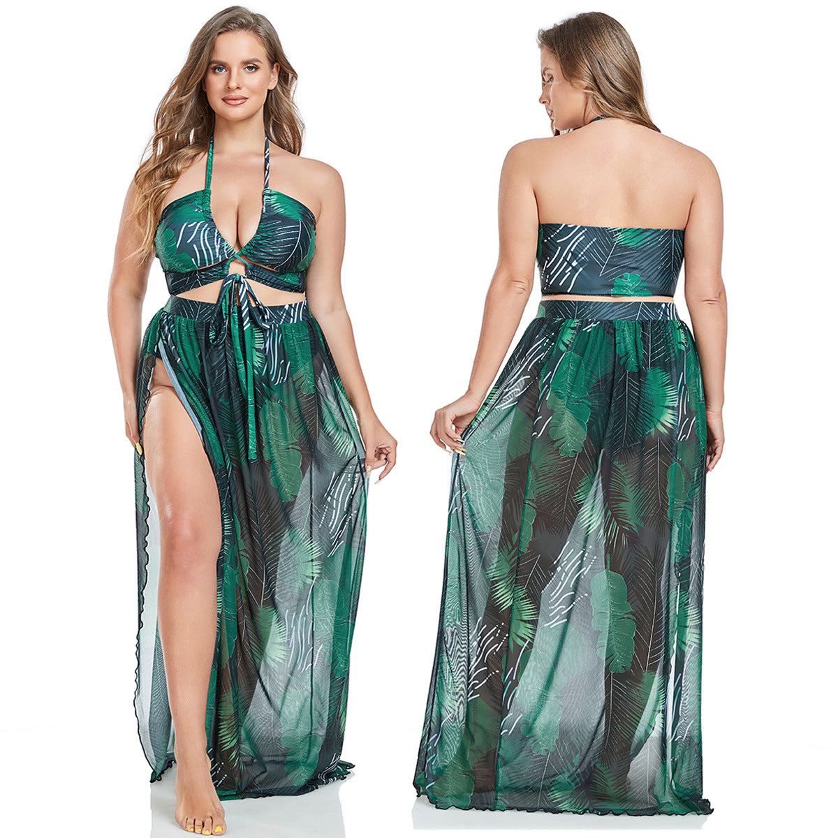 Women's Swimsuit with Elegant Wrap Skirt and Summer Palm Print