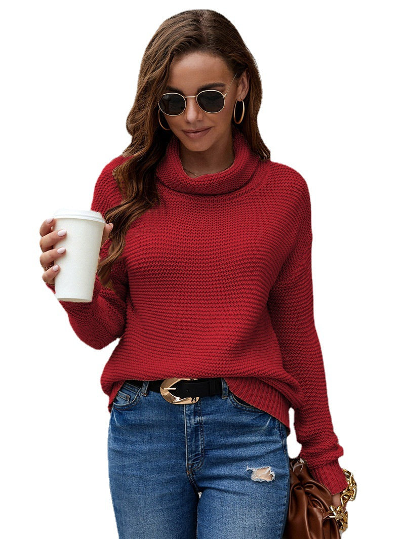 Women's Cozy Knit Sweater with High Collar and Textured Finish