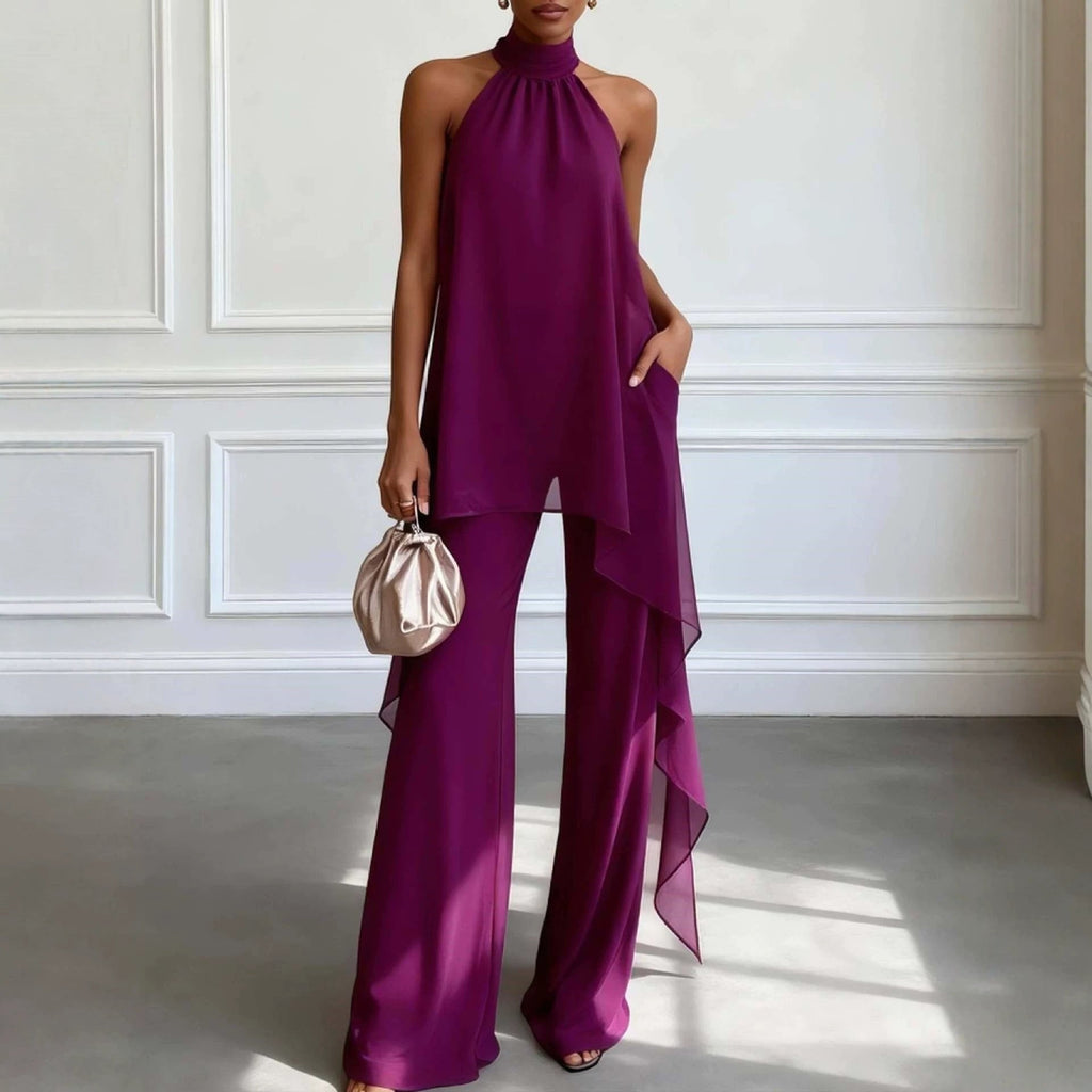Evening Two-Piece Set with Gathered Mock Neck and Wide-Leg Trousers