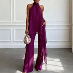 Evening Two-Piece Set with Gathered Mock Neck and Wide-Leg Trousers