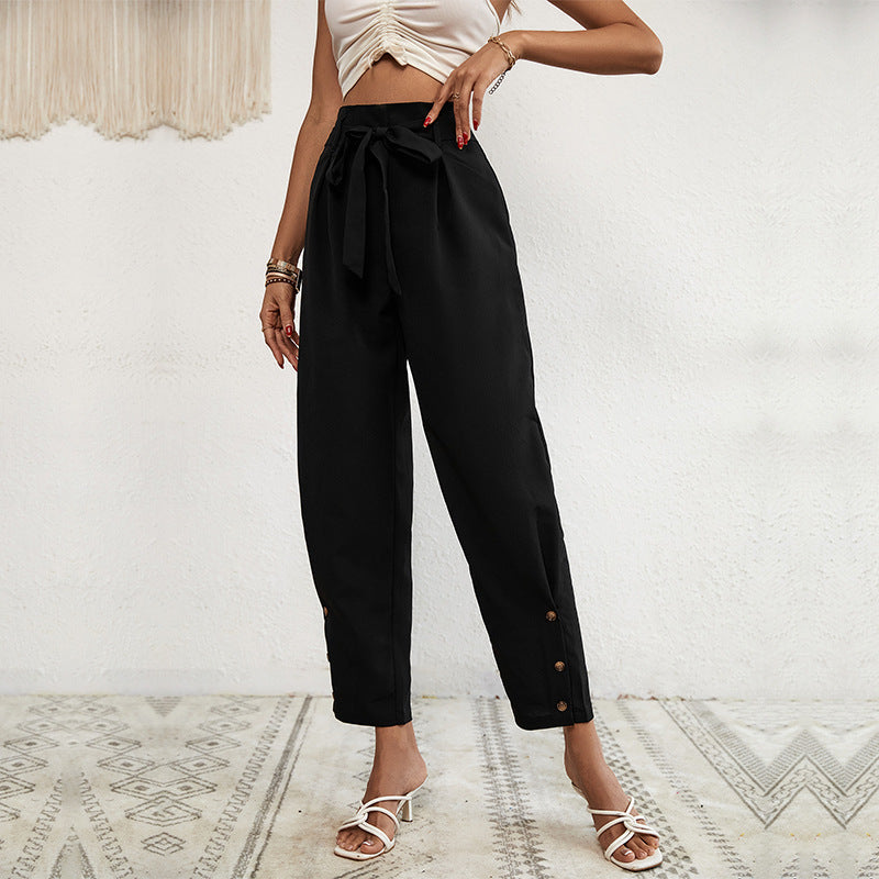 Women's Elegant Harem Pants with Tie Belt and Button Details